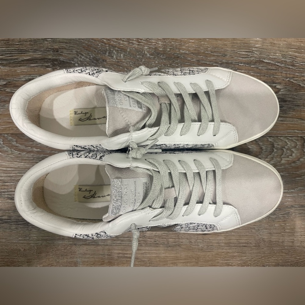Vintage Havana White and Gray Sneakers with Star & Tweed Detail, Sz Women 11 - Picture 3 of 5